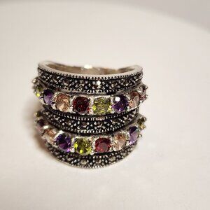 Vintage Silver Multi-gemstone Marcasite Ring